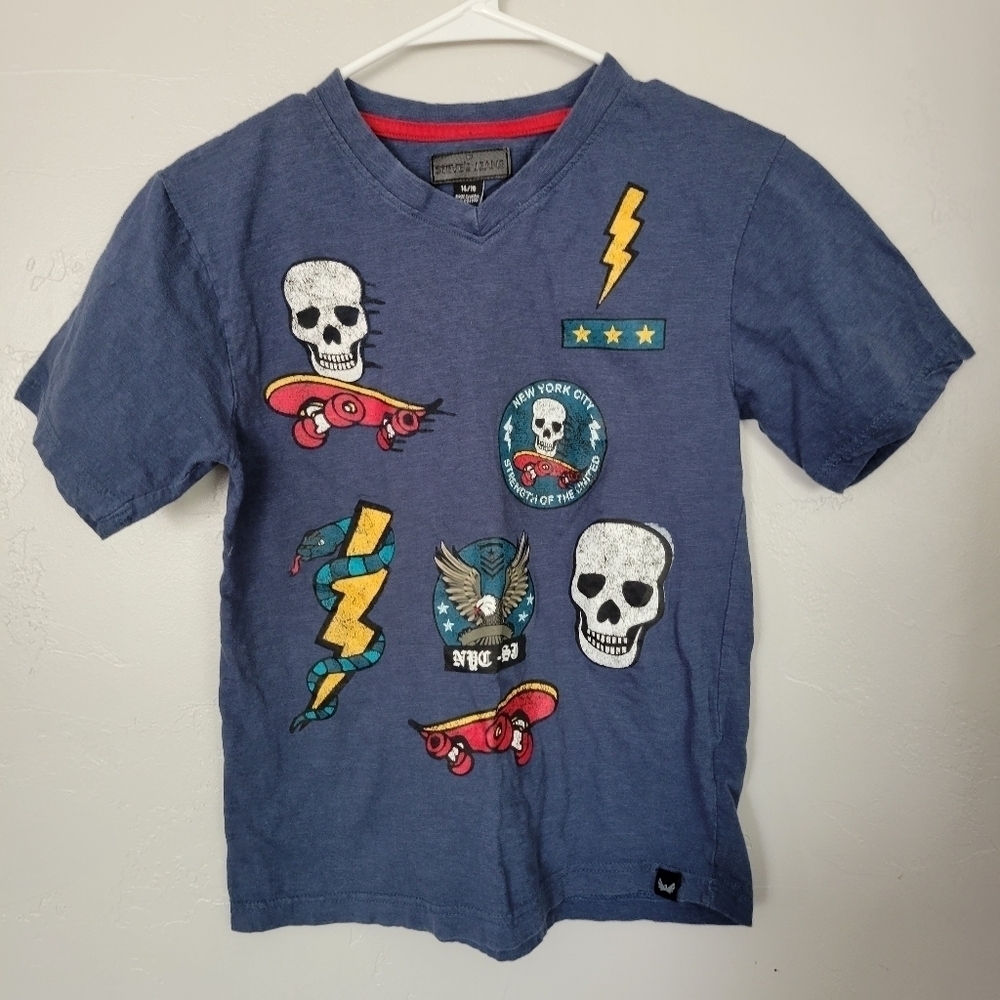 Steve's Jeans Boys 14/16 Blue Short Sleeve T-shirt Skull Lightning Skateboard